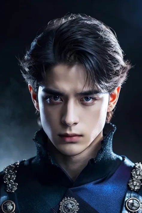 a 25 year old manly royal prince, with intense eyes and short black hair. His expression should exude a cruel and cold aura, giving off an intimidating and formidable presence.