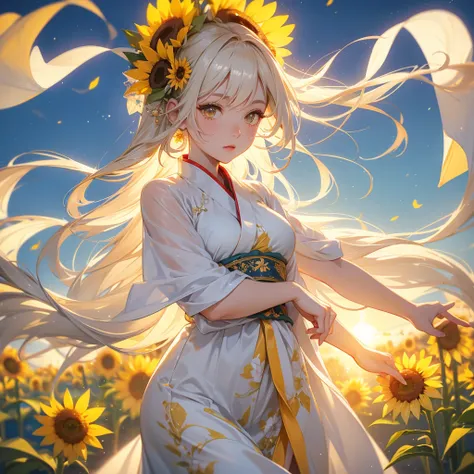 A beautiful female in white hanfu dress , Strolling among the sunflower fields Glowing yellow,close up. Sunset.