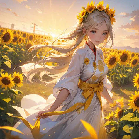 A beautiful female in white hanfu dress , Strolling among the sunflower fields Glowing yellow,close up. Sunset.