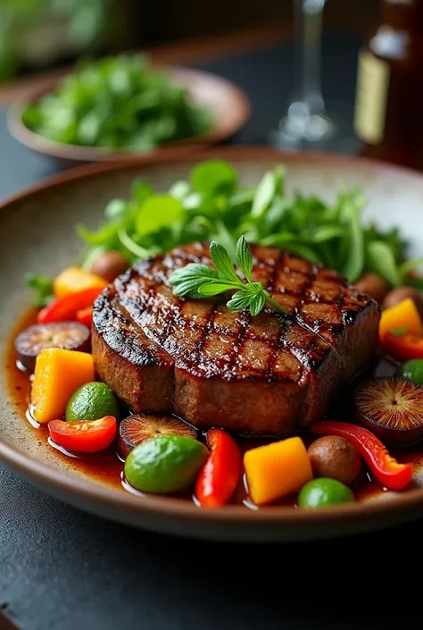 food, beef steak, vegetables, exquisite presentation