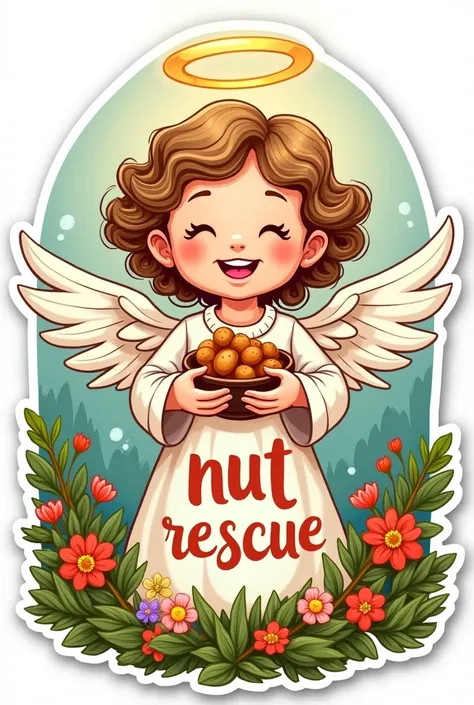 Drawn angel, Sticker, holds nuts, smile, nimbus, curly hair, grass, flowers , joy holiday. Words in beautiful font: "nut rescue"