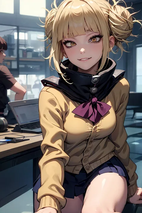 (himiko toga),(short blond hair with two messy pulps),yellow eyes with thin pupils),(vestindhimiko toga),(short blond hair with ...