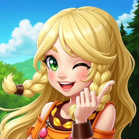 Game Icon，1 Girl，blonde，Long hair，Braided Bangs，Green eyes，Orange clothing，Tribal costumes，happy，Treasure Chest，Treasure，the highest picture quality ，HD