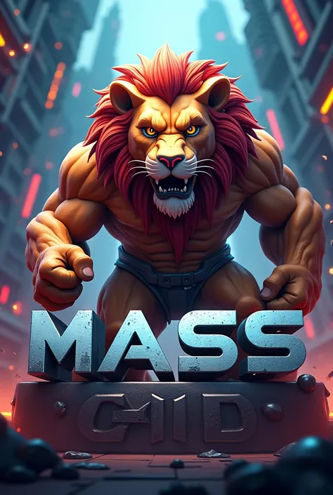 The 3D text logo says &quot;MASS&quot; at the bottom with a lion mascot with a gaming theme