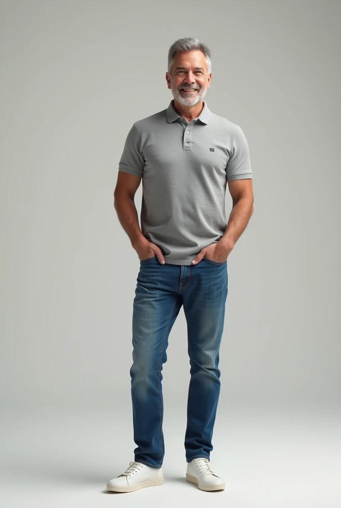 Make a man with grey polo T shirt and blue denims with white sneakers