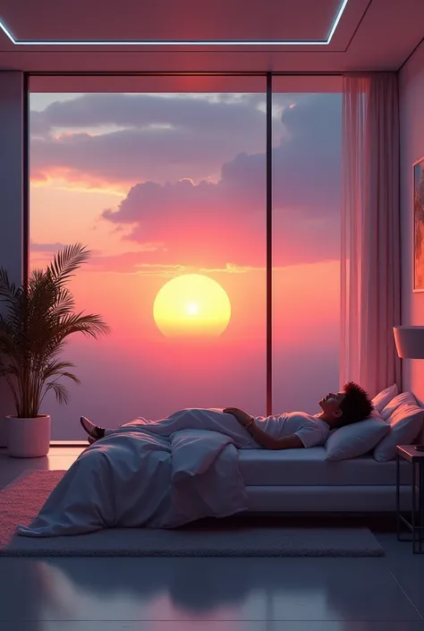 Make a room with a window facing the sun with a bed and a person looking at the sunset male teenager lying down Looking at the sun from the side futuristic room