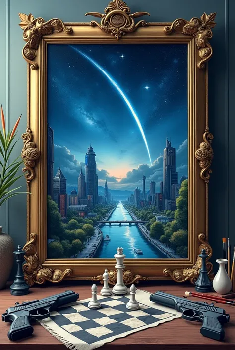 The image is Ghibli style, shows a painting, which has a frame with the figure of the ouroboros, The canvas depicts a futuristic city with large skyscrapers, with a shooting star streaking across the night sky in the distance.. Outside the painting two che...