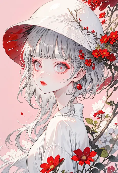 Pastel background(Highest quality,Very detailed,High resolution:1.2),Slim albino girl，Gray-haired berry shorthair,gray bangs，very_long white eyelashes, White eyebrows, White skin，Detailed lips, Cool look, Soft Skin, Shiny Hair,Exquisite makeup,Red mushroom...