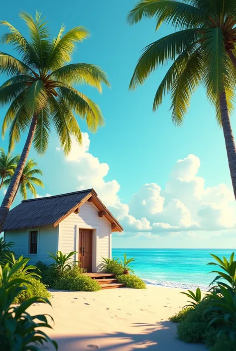 Beach, white house, coconut tree, peaceful