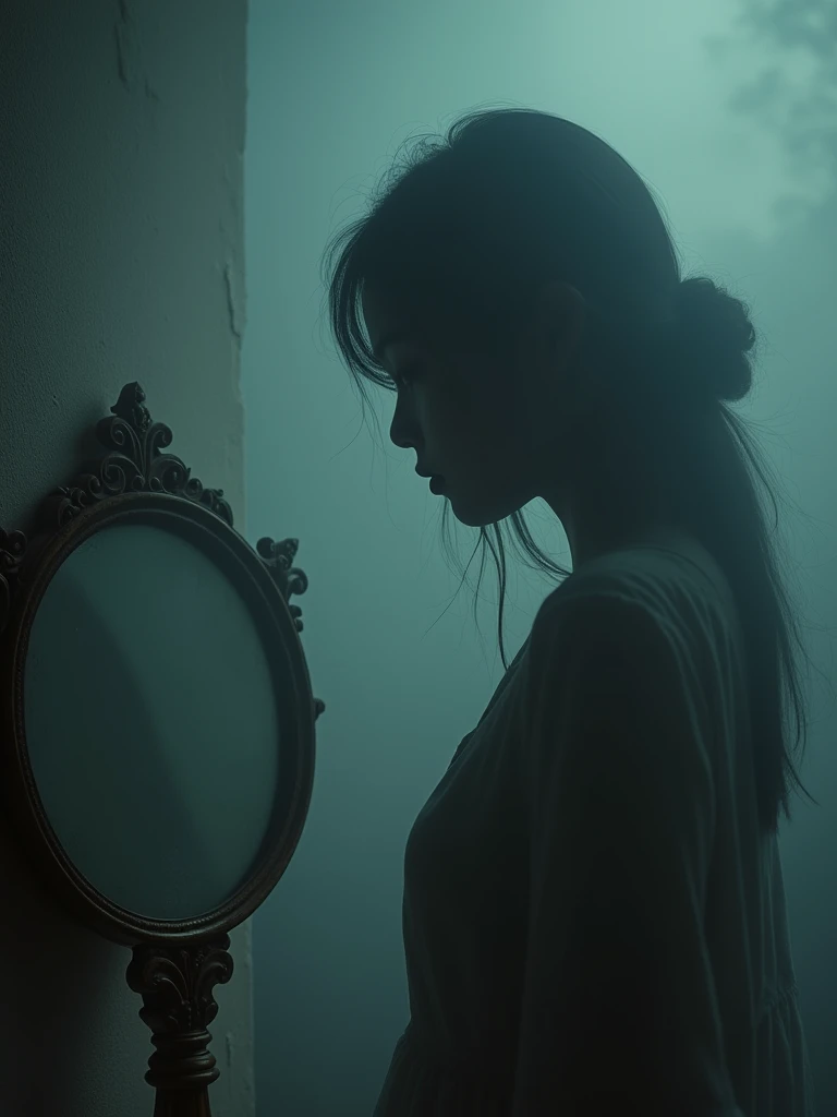 A mystical, inscrutable fog slowly engulfs a young Asian woman, her shadowy form cloaked in ambiguity. Foreground features an antiquated, elaborately decorated mirror that reflects an indistinct image, signifying the hidden truth of her identity. The entir...