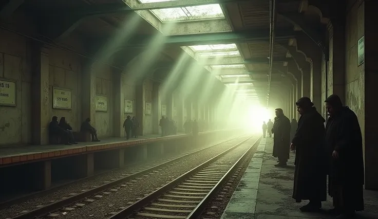 Concept art of a scene in a post-apocalyptic subway, perhaps the rays of god