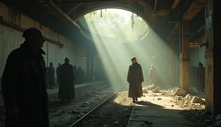 Concept art of a scene in a post-apocalyptic subway, perhaps the rays of god