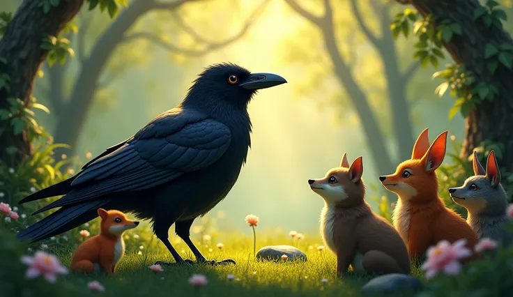 The crow solves his predicament through wit and patience, and is teaching the rest of the forest animals the lessons of his experience.
