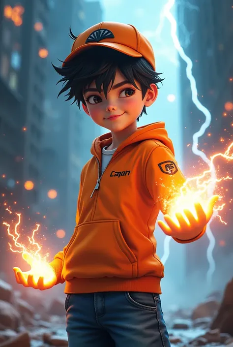 a young real boy Malaysia Indonesia . wearing an orange zip-up shirt,black hair mix little detai white hair. Age 12 year old. orange cap with small thunder logo, detailed face, cinematic lighting, dramatic atmosphere, vibrant colors, 8k, high quality, phot...