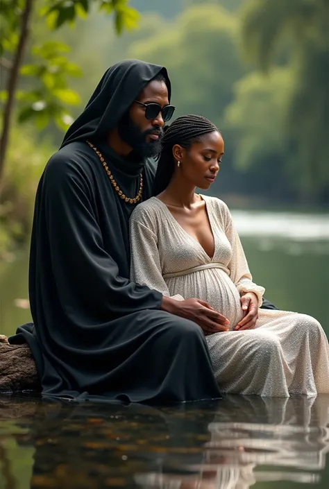 BEAUTIFUL AFRICAN PRIEST WEARING BLACK ROBE WITH BLACK HOOD. HE IS WEARING BLACK SHADES. HIS BEAUTIFUL LIGHT SKINNED AFRICAN QUEEN IS IN EARLY STAGES OF PREGNANCY. SHE IS WEARING  A WHITE GLITTERING ROBE AND SHE HAS BRAIDED HAIR. SHE IS WEARING BLACK SHADE...