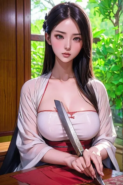 A 25-year-old very beautiful widow, an ancient Chinese woman in Hanfu reveals her cleavage, has a shy expression, and holds a knife to resist rejection.

