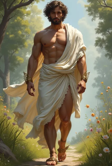 Create image of a very handsome white man with curly hair like the God Hermes from Greek mythology com corpo musculoso roupa grega com a sandália com asas no pé em um Cadummo