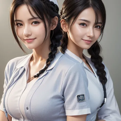 One person, High resolution, Gaze, smile, masterpiece, accurate, Highest quality, High-resolution model, High detail, Very detailed, Textured skin, Ultra high definition, Large Breasts, Shortcuts, nurse、nurse、Nurse uniform、Black Hair, Braid, 