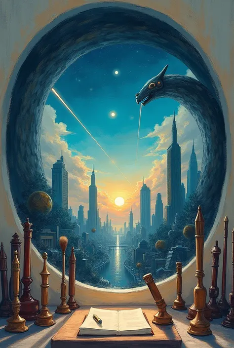 The image is Ghibli style, shows a painting, which has a circular frame shaped like an ouroboros, On the canvas, a futuristic city with large skyscrapers is drawn with a brush and watercolor, with a shooting star streaking across the night sky in the dista...