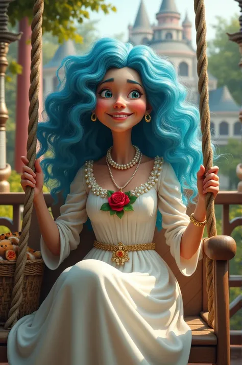 Old woman with long curly blue hair
With a very smiling and happy lip
With an old basket with a tiger in it
With a white princess dress and
A pearl necklace with a red rose
The old woman is sitting on the swing in the balcony inside a dream house
3D