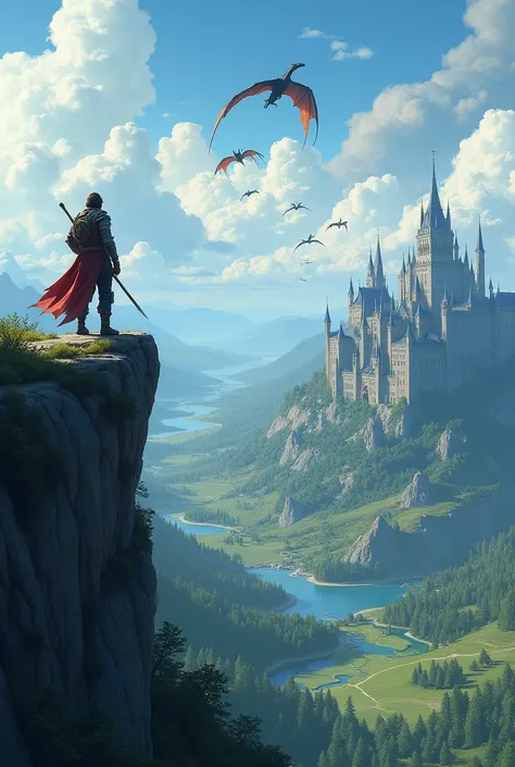 I want to create a wallpaper that is inspired by the world of Elden Ring and the main character is with an incredible view from above appreciating a wide panorama with castles and dragons in the distance 