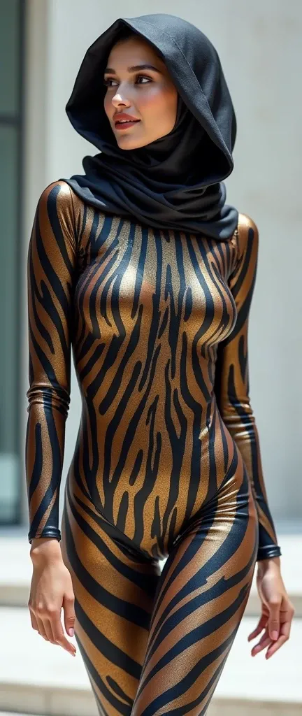 The most pretty muslimah with beautiful cheeks wears zebra print lycra turtleneck unitard catsuit and zebra print lycra zentai hood-like hijab