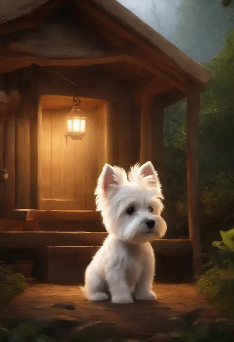 Create a poster inspired by Disney Pixar movies, West Highland White Terrier Puppy, Sad puppy in a wooden house. The title of the poster is "Pipo Searching for His Lost Home" Digital art should be Pixar style, Reminiscent of a full-length animated film.(((...