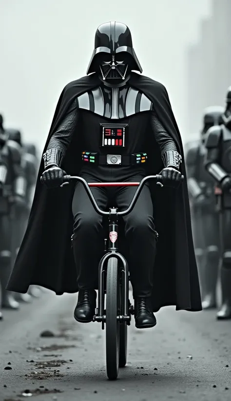 darth vader riding a redline black bmx bicycle in between lines of marching 
