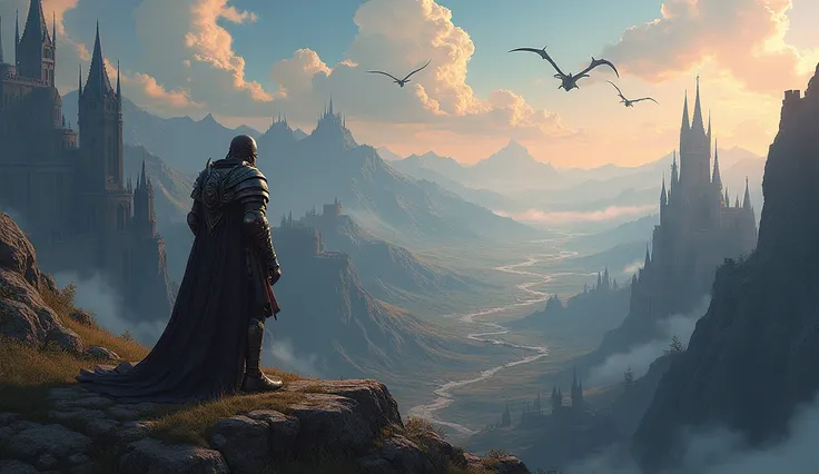 I want to generate a wallpaper that is inspired by the world of Elden Ring and the main character is with an incredible view from above, appreciating a wide panorama with castles, dragons and dungeons. 