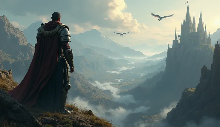 I want to generate a wallpaper that is inspired by the world of Elden Ring and the main character is with an incredible view from above, appreciating a wide panorama with castles, dragons and dungeons. 