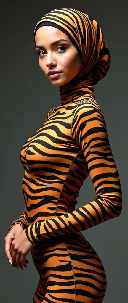 A beautiful  Muslimah woman with nice cheeks wear tiger print Lycra turtleneck unitard catsuit and tiger print Lycra dancewear zentai hood-like hijab that is very stretchy.