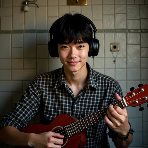 Profile photo, 20-year-old male, Black has, fringe, Black and white checked shirt, ukulele, Wearing headphones, Classic background for men&#39;s room
