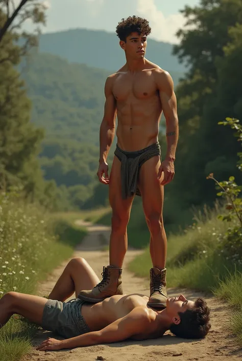 Sexy hot teen boy with a tanned body wearing a fit thong and boots is standing on the top of another lying boys chest who is lying on floor at rural area