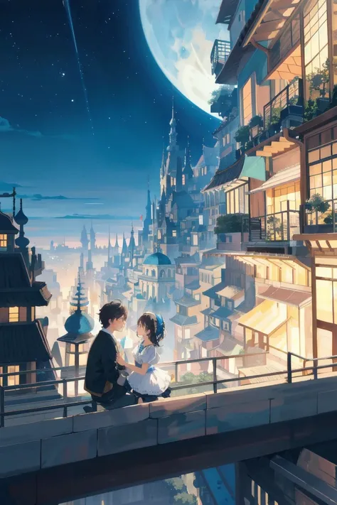 A whimsically enchanting scene unfolds as a young girl and boy sit on a bench under the serene glow of the moon, framed by a modern city boasting neon skyscrapers and ethereal floating islands in the sky. In this anime-style painting, the couples faces are...