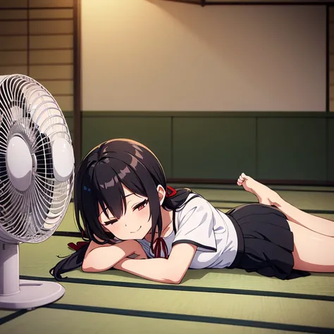 1girl, 16yo,

lying, on stomach,

(hands on tatami:1.2),

smile, (closed eye),
peplum blouse, white blouse, short sleeve, low neck, black skirt, barefoot,

tatami, house,
(electric fan:1.2), (wind:1.2),
indoor,
day, summer,

BRAKE
black hair, (low twintail...