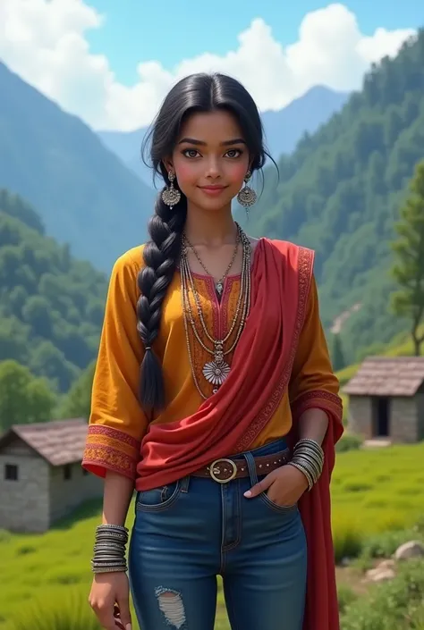 Create a detailed portrait of Vritika Negi, a 21-year-old Kumaoni Hindu woman with a slender build and a height of about 55". She has long, black hair styled in a simple braid and expressive brown eyes. Vritika is wearing a vibrant kurta paired with jeans,...