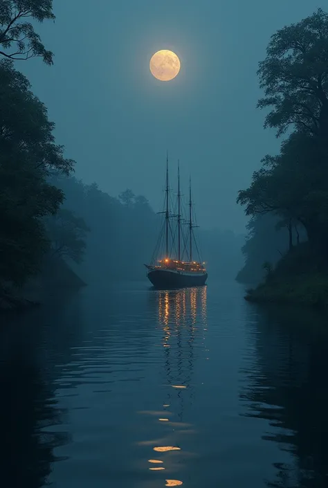 a dark beautiful scene of river with ship





