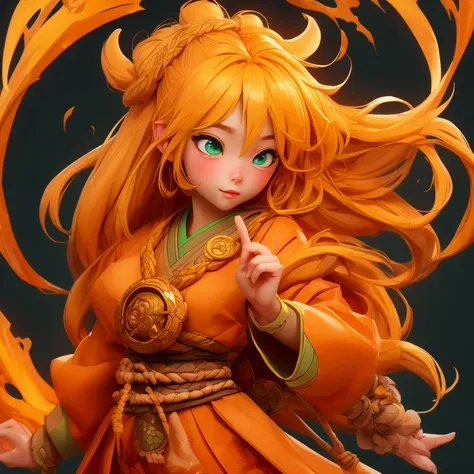 Game Icon，Japanese，Fantasy wind，2.5D，1 Girl，blonde，Long hair，Braided Bangs，Green eyes，Orange clothing，Tribal costumes，happy，Treasure Chest，Treasure，Best picture quality ，HD