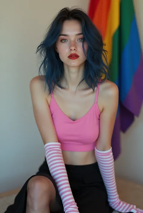 Very effeminate femboy boy 
Boy with feminine features 19 year old boy with white skin
Slim and slender 
blue to black hair
Sitting in front of a wall 
Wearing a pink short-sleeved crop top
Wearing long white and pink striped gloves
Black skirt, black semi...