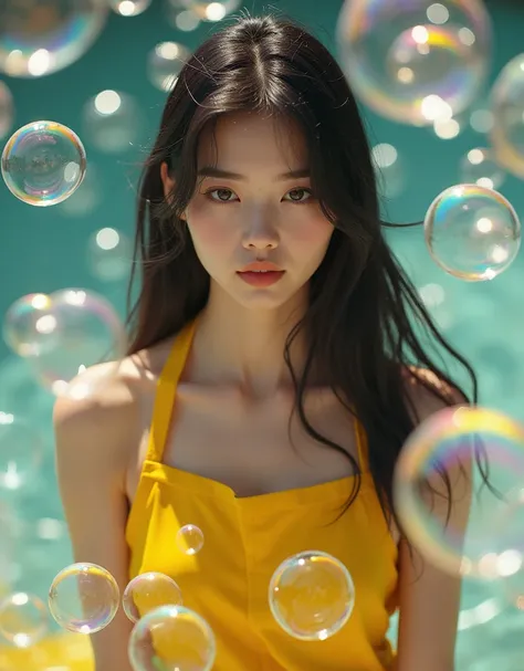 A 26-year-old beautiful girl with straight long black hair is wearing only a shiny yellow apron in the middle of a pile of bubbles made with dishwashing liquid.. Excellent quality, high detail. 8k image, low angle. Duch shot. God&#39;s look. 