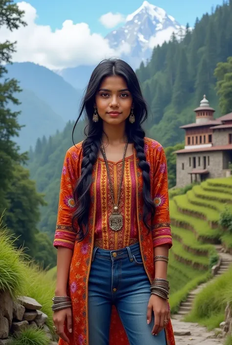 Create a detailed portrait of Vritika Negi, a 21-year-old Kumaoni Hindu woman with a slender build and a height of about 55". She has long, black hair styled in a simple braid and expressive brown eyes. Vritika is wearing a vibrant kurta paired with jeans,...