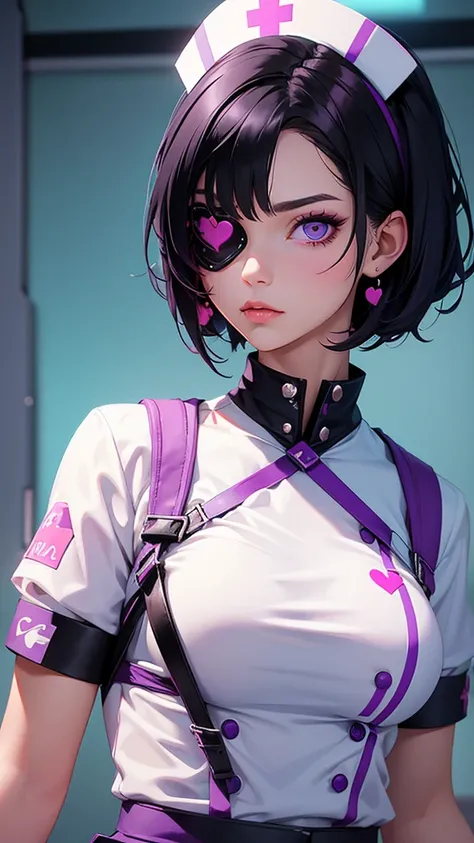 Beautiful girl wearing high-neck punk nurse uniform（20-year-old）She has an eyepatch with a heart mark on one eye, black hair, purple inner color, and short hair.