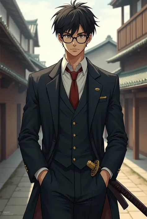 Tall lean man with glasses, messy short hair with light mustache, young, full body, formal wear, katana