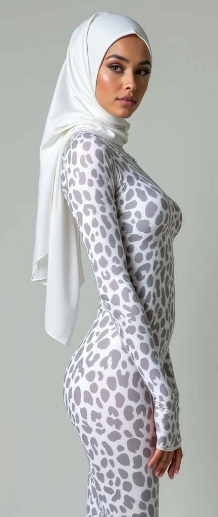 A beautiful  Muslimah women with nice cheeks wear white leopard print Lycra turtleneck unitard catsuit and white leopard print Lycra dancewear zentai hood-like hijab that is very stretchy.