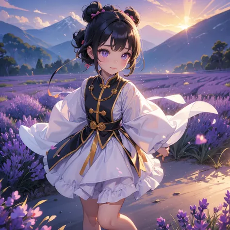 A chibi child girl had a small face and Wearing a little Taoist priests outfit. A pair of big round eyes shone with curiosity about him. This child was so cute! Stroll among the purple lavender fields , There are some floating clouds, her hair is black wit...