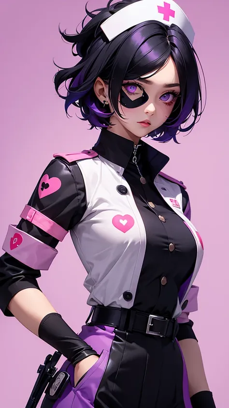 Beautiful girl wearing high-neck punk nurse uniform（20-year-old）She has an eyepatch with a heart mark on one eye, black hair, purple inner color, and short hair.