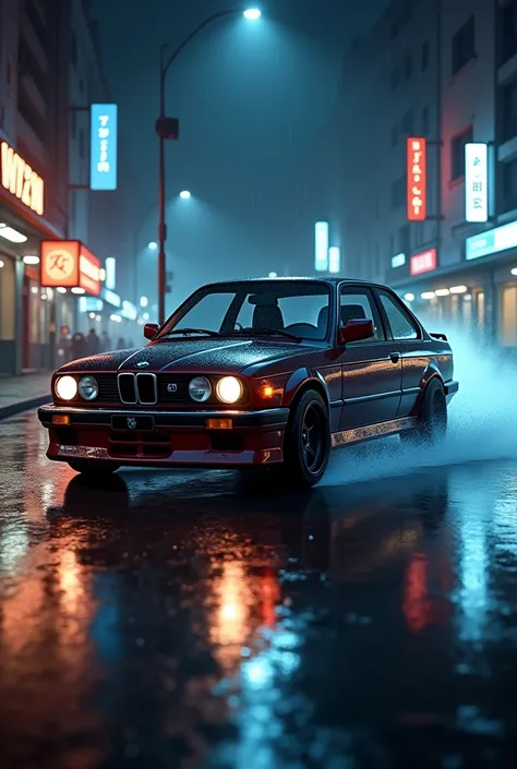 Bmw e30 drifting in the night and rain 