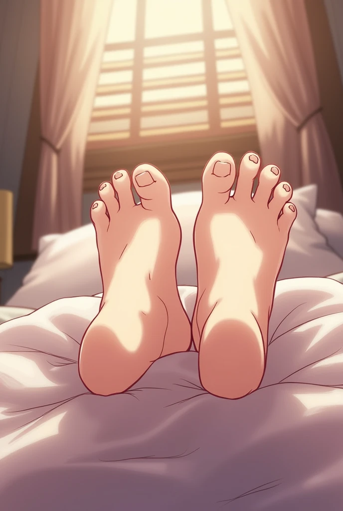 Kanna de Kobayashi no Maid Dragon, in bed showing her feet 