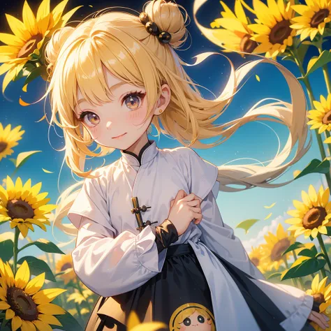 A chibi child girl had a small face and Wearing a little Taoist priests outfit. A pair of big round eyes shone with curiosity about him. This child was so cute! Strolling among the sunflower fields Glowing yellow, her hair is black with two buns on her hai...