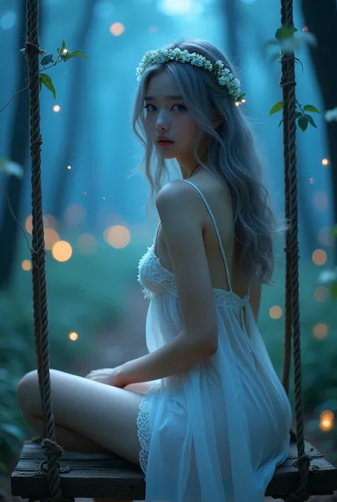 (wide shot, whole body shot), A beautiful korean girl, 20 years old, kpop style, ash grey long wavy hair, white flower headband, blue eyes, sexy body, long legs, wide thigh gap, silver titanium necklace with heart liontin, sitting back view lift the leg on...